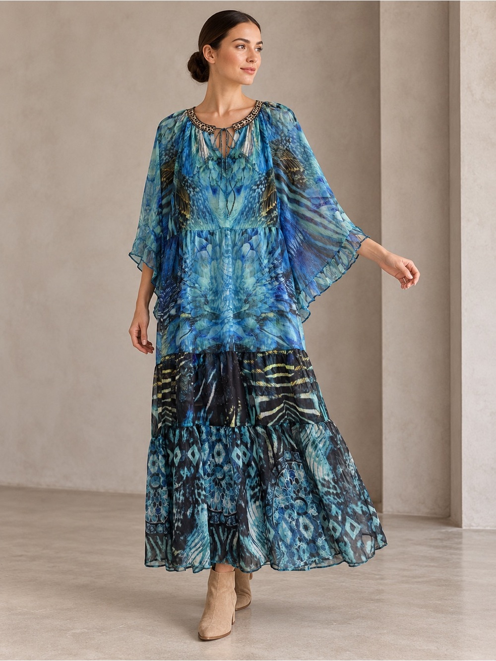 NWT Catch Desire Boho Fairycore Artsy Blue Print Flowy Tiered Maxi Dress Size L